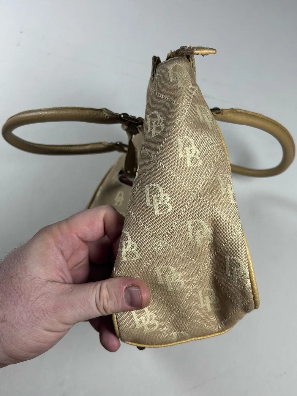 Dooney & Bourke Beige Brown Signature Monogram Canvas Leather Tote Handbag Duck